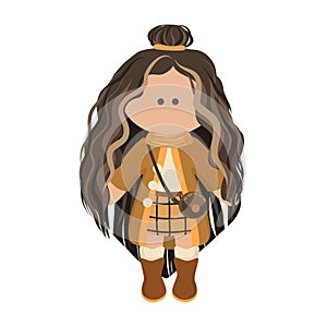 Children`s cartoon character rag doll in winter clothes. Vector illustration